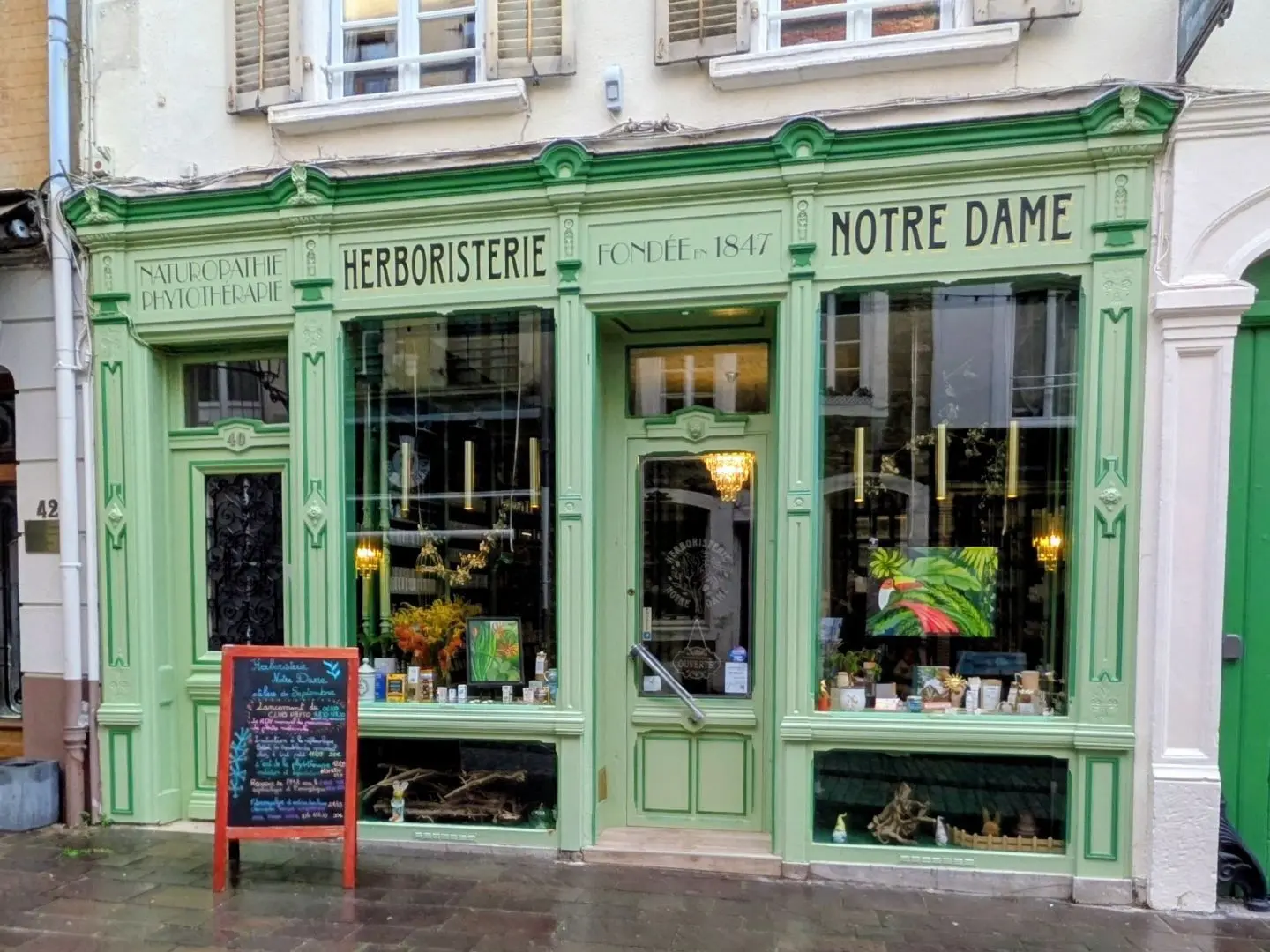 Fassade eines hellgrünen Kräutergeschäfts mit Schriftzug 'HERBORISTERIE NOTRE DAME' und Schiefertafel mit Text vor dem Eingang.