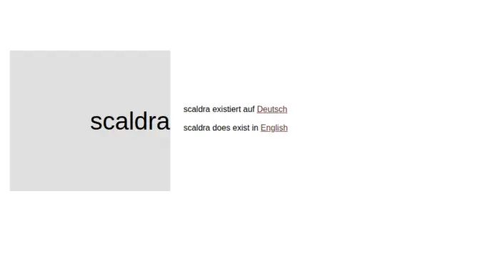 Schwarze Schrift 'scaldra existiert auf Deutsch' und 'scaldra does exist in English' auf weißem Hintergrund.