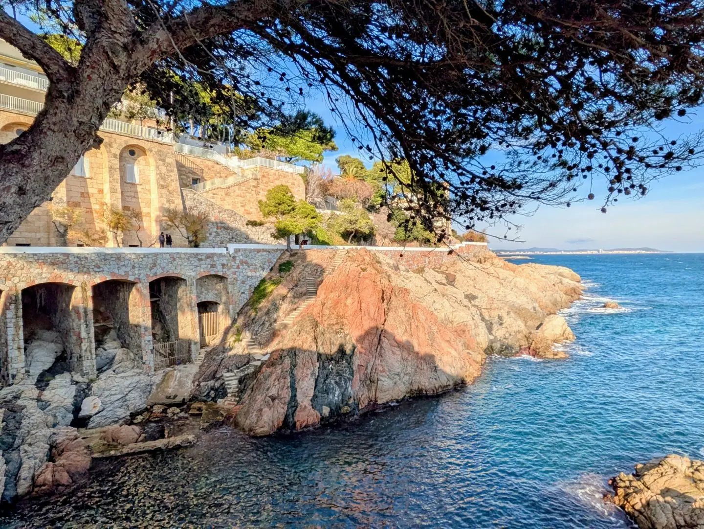 Felsige Küste mit einer Steinmauer und Bäumen im Vordergrund, dahinter das Meer unter klarem Himmel